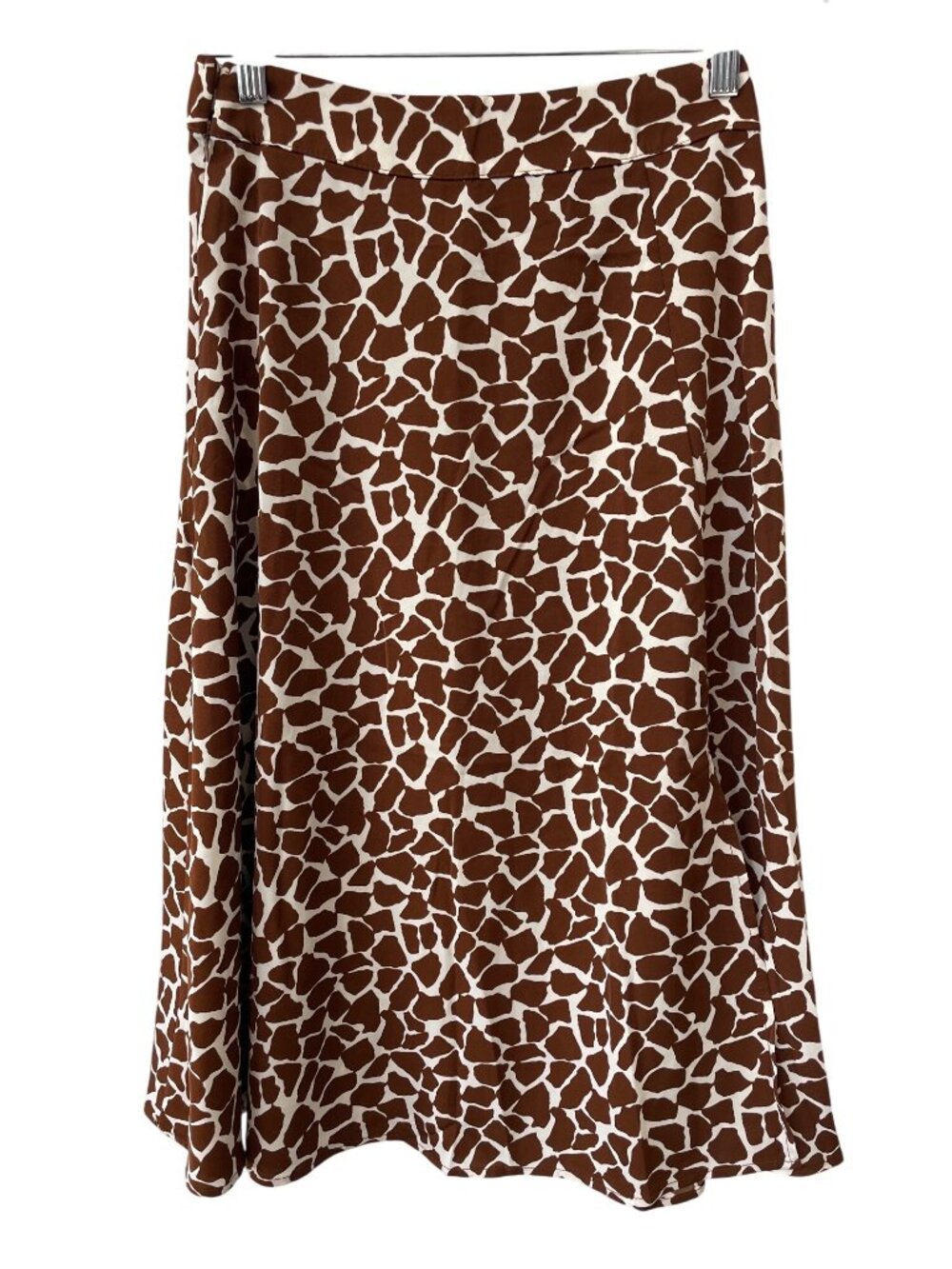 Satin Midi Skirt Size Small Brown Giraffe Animal Print Lightweight Career Office